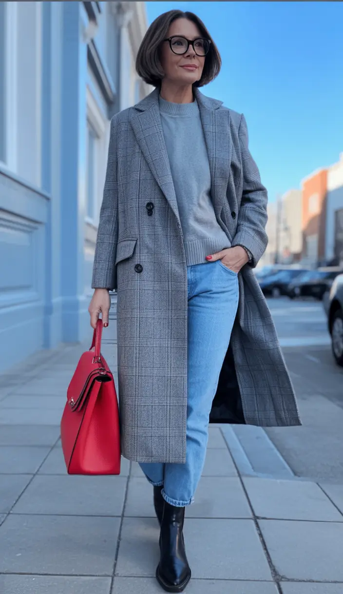 2025 casual fall fashion outfits for women 50+ Classic Gray Layers with a Bold Pop