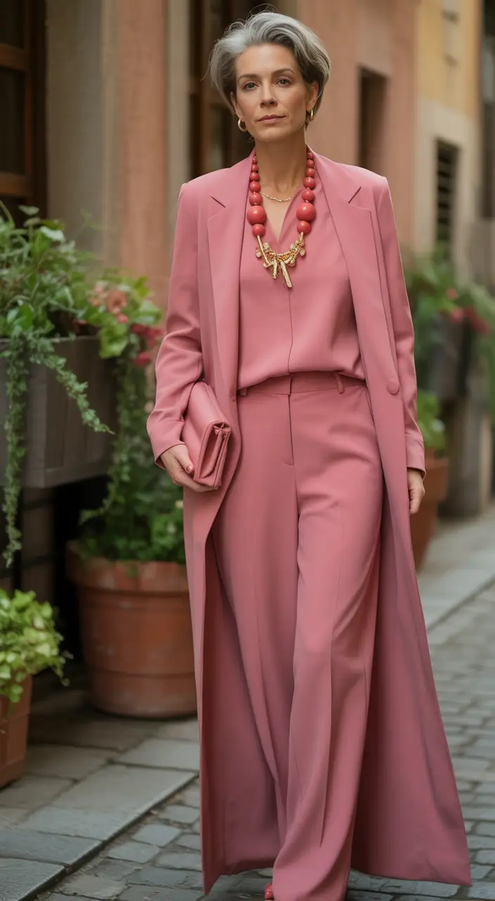 2025 casual fall fashion outfits for women 50+ Monochrome Pink with Bold Personality