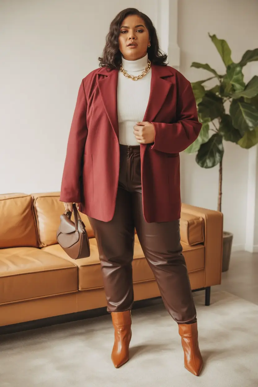 2025 Fall Fashion for Plus Size Women Berry Blazer with Leather Depth