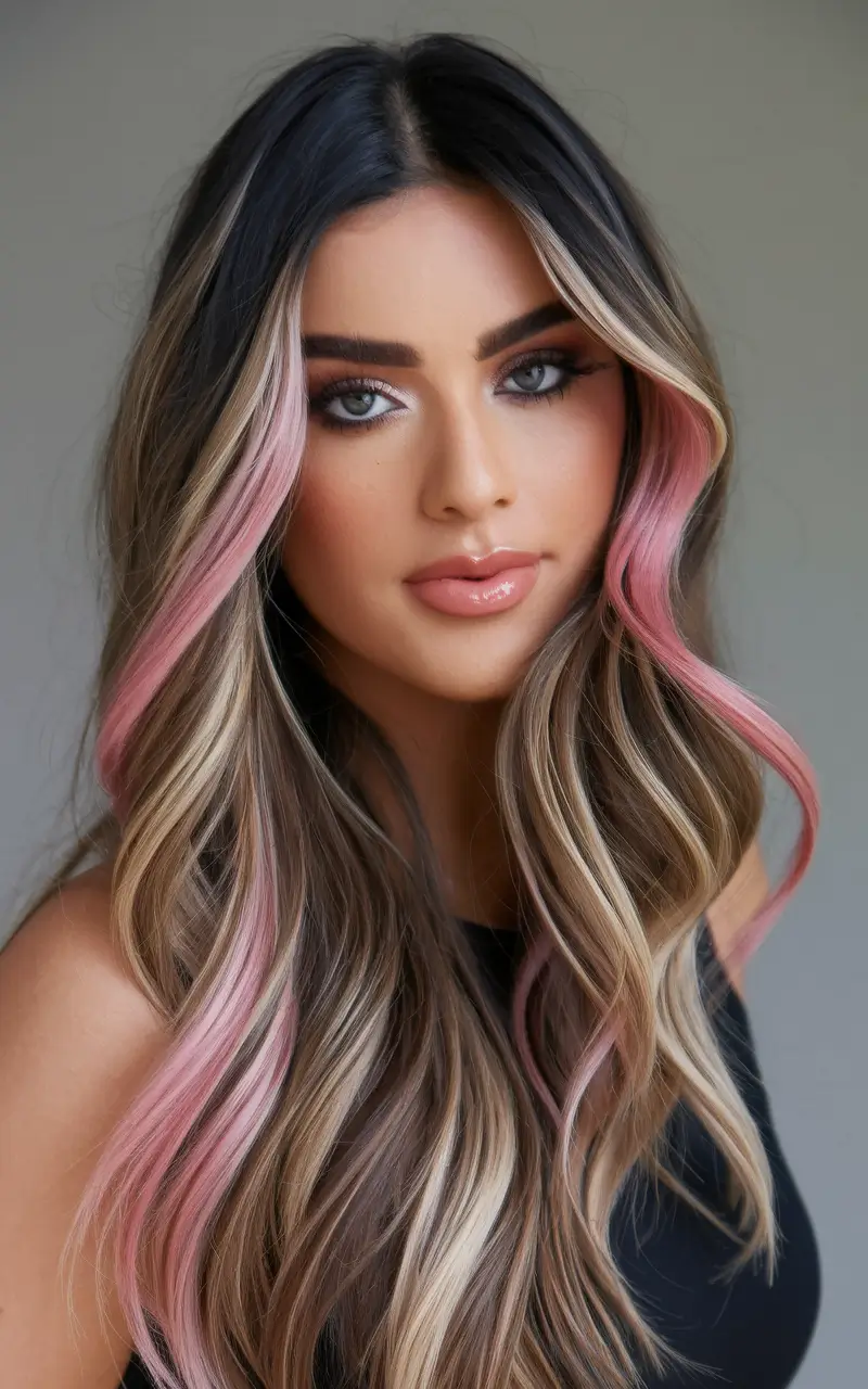 August hair color+Blush Ribbons on Soft Brunette Balayage