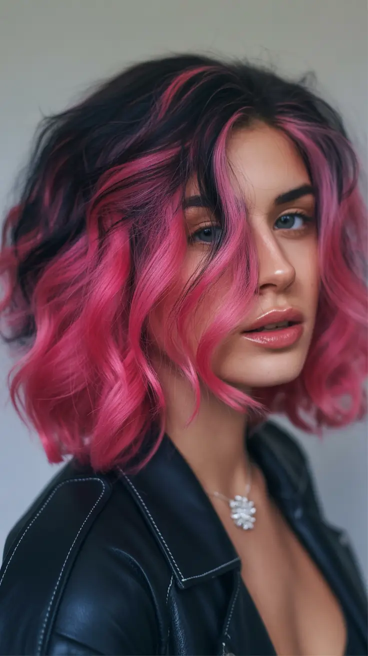 August hair color+Electric Pink with High-Contrast Black Root