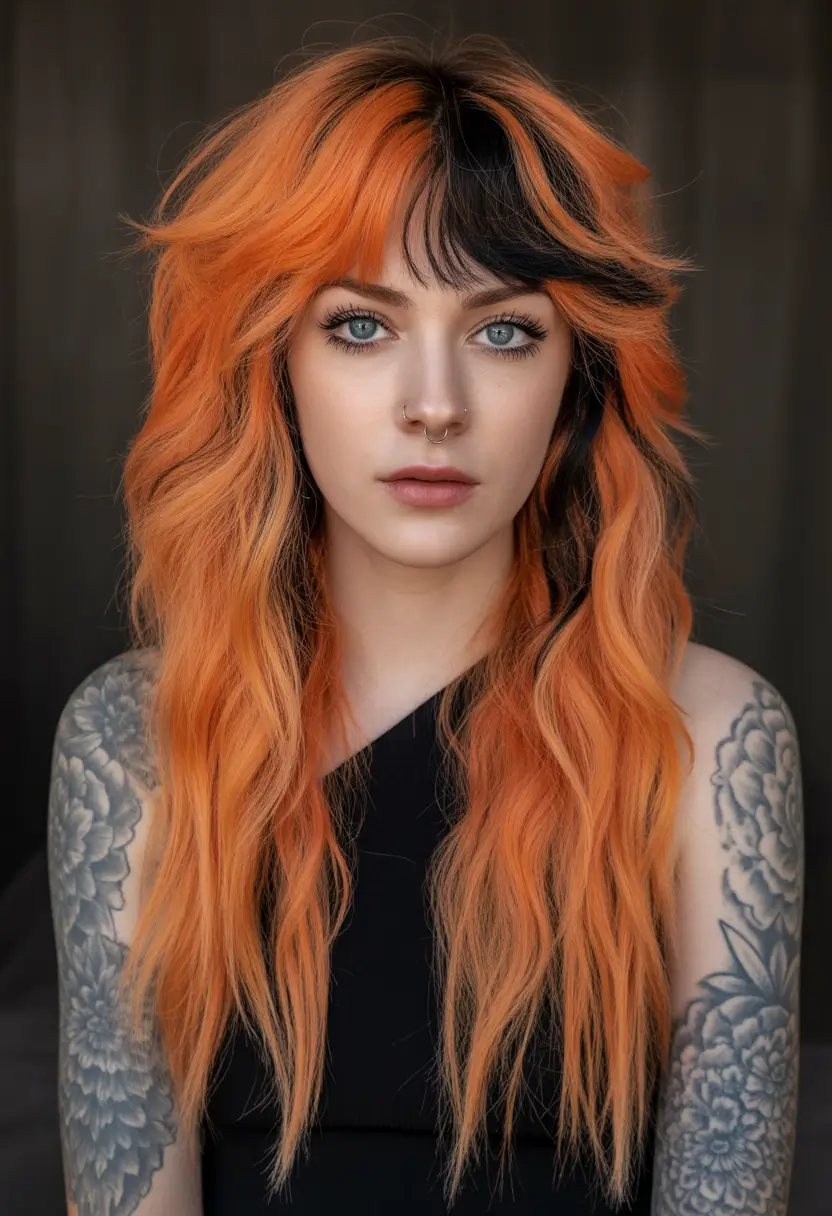 August hair color+Candy Corn Flame with Rooted Bangs