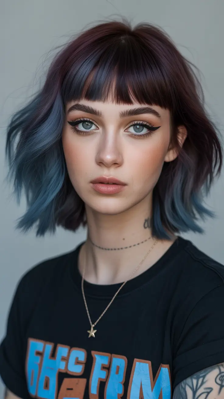 August hair color+Smoky Indigo Fade with Blunt Bangs