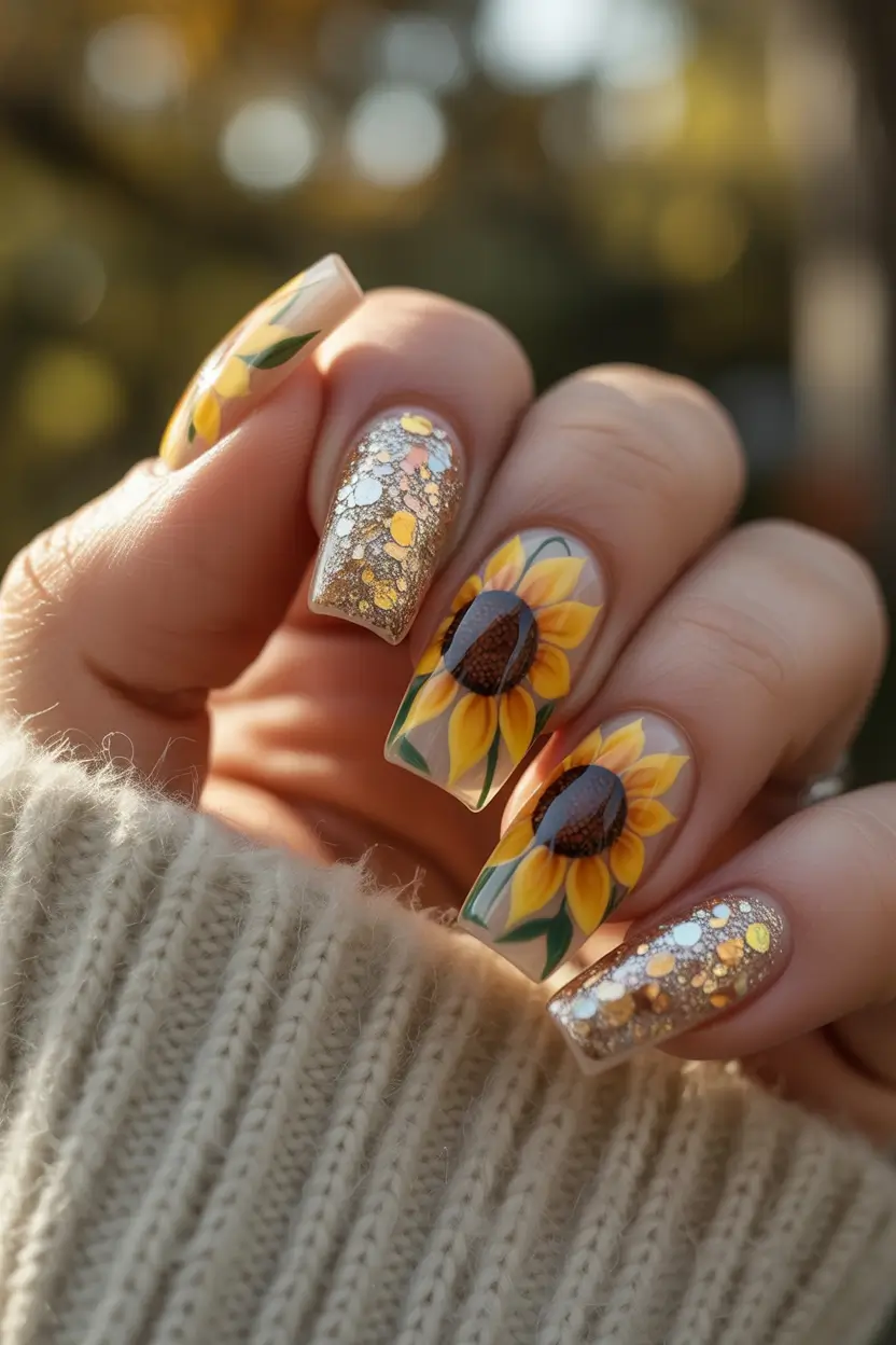 August nails design Sunflower Gold Sparkle with Texture & Depth