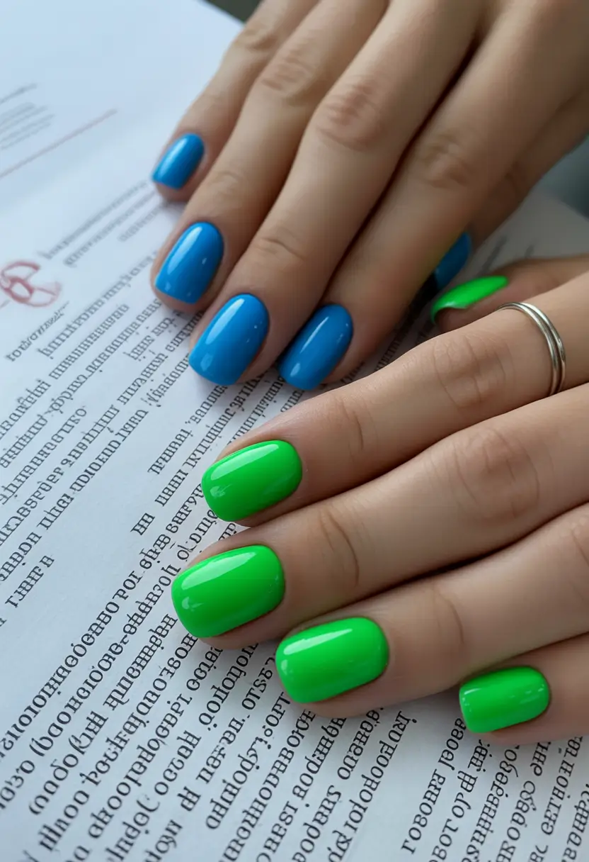 August nails design Color-Blocked Green & Blue for Clean Girls