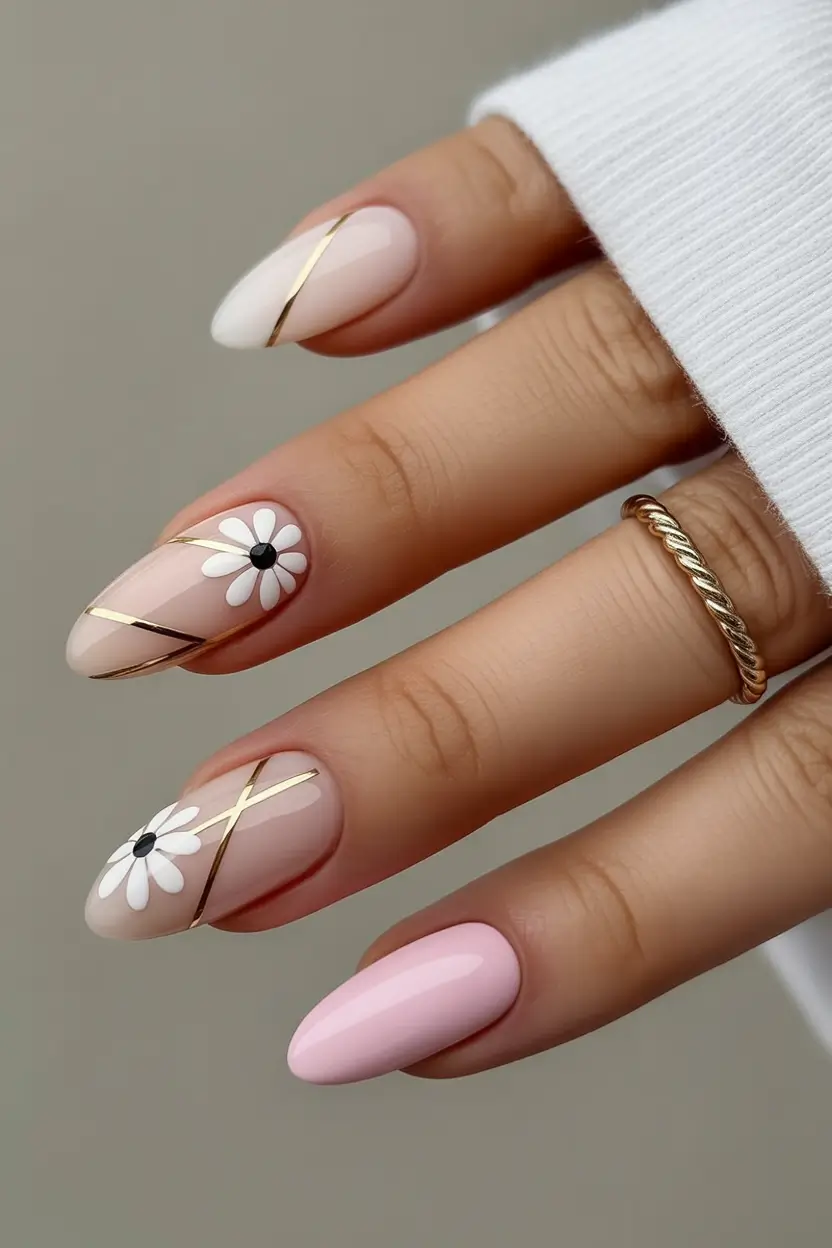 August nails design Daisy Chain Minimalism with Gold Accent