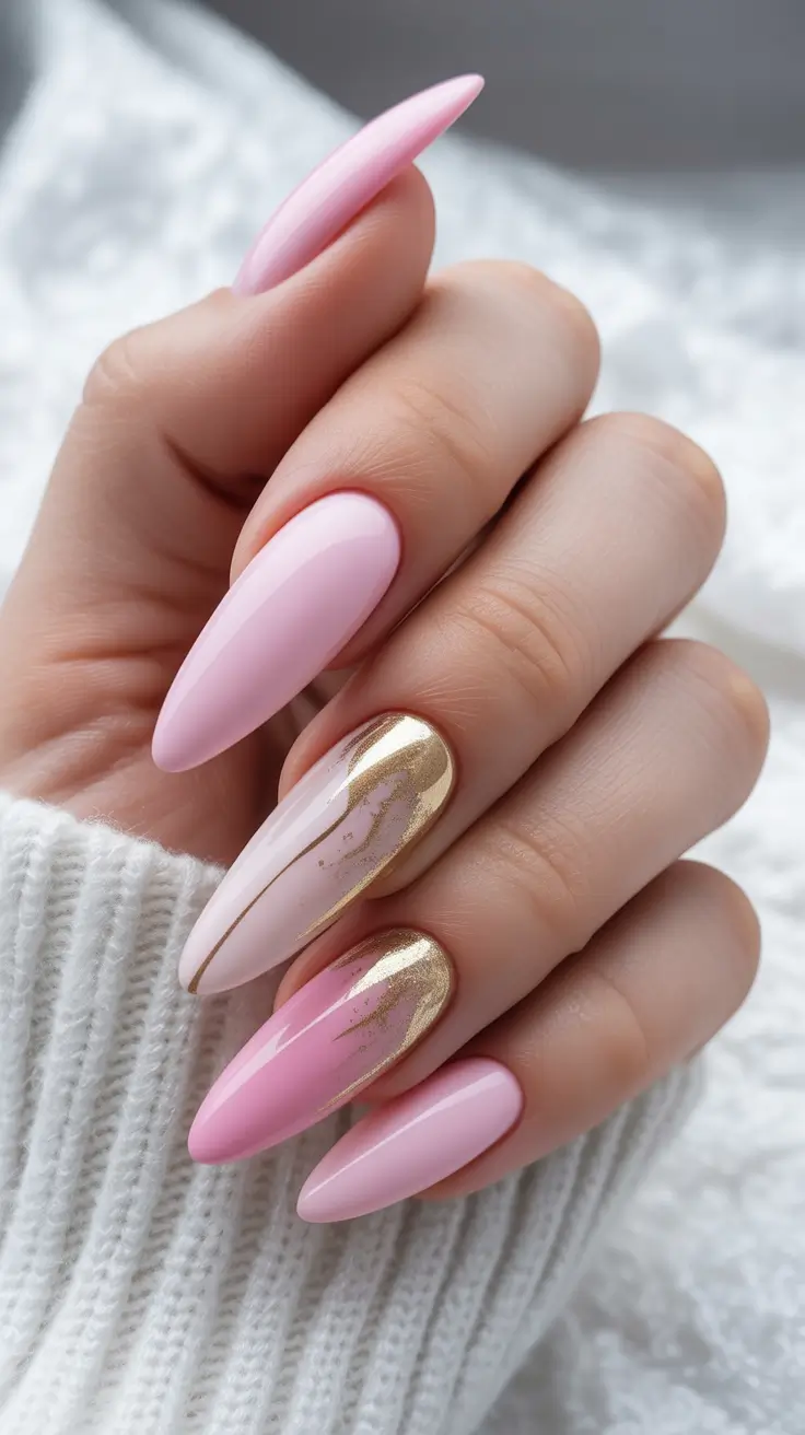 August nails design Soft Pink & Gold Marble Luxe
