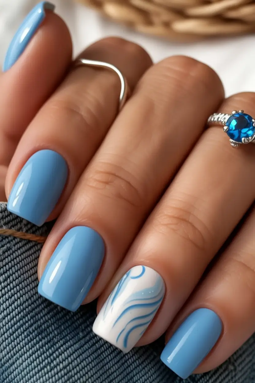 August nails design Blue Breeze with White Accent Swirl