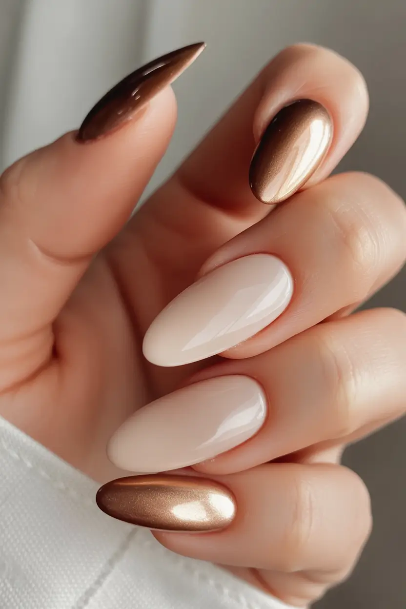 August nails design Glossy Bronze & Nude Blend for Late-Summer Glow