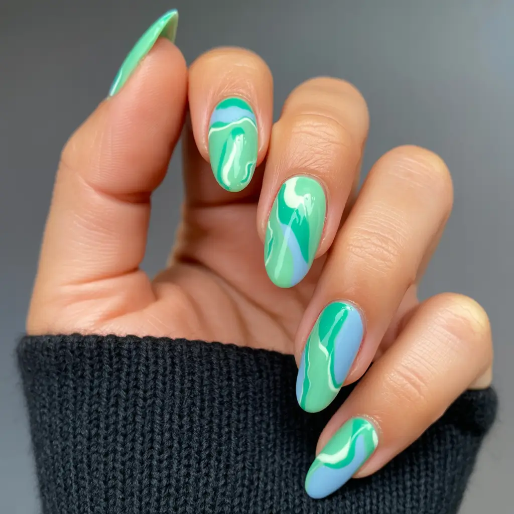 August nails design Minty Green Marble & Ocean Haze