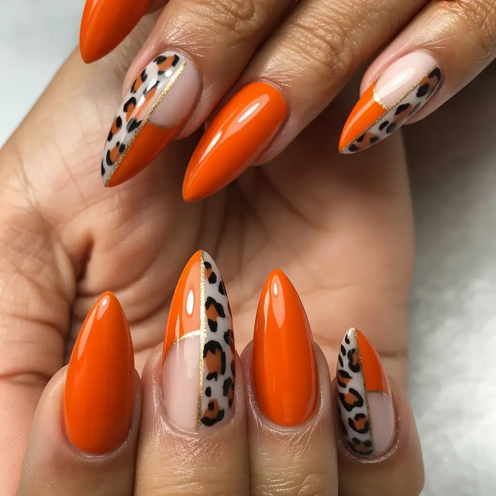 August nails design Fiery Orange Meets Luxe Leopard