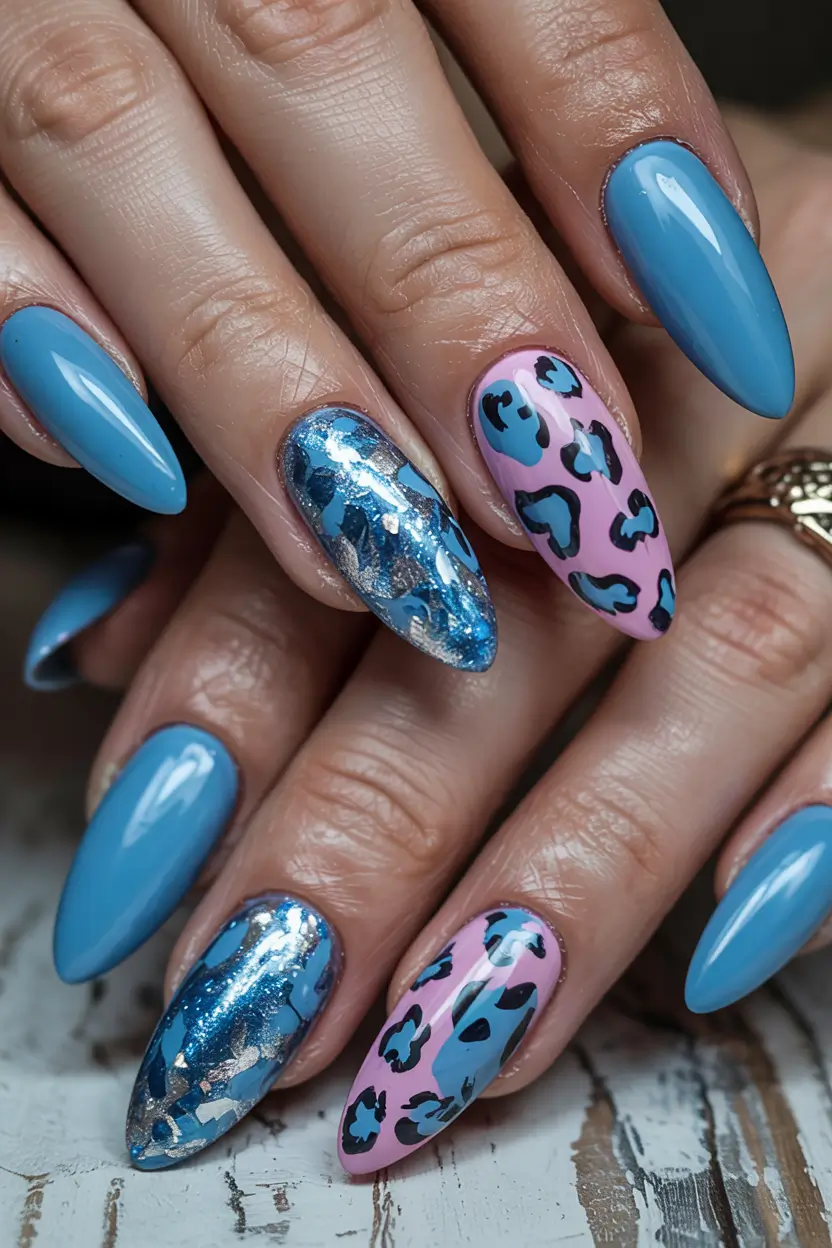 August nails design Electric Blue Leopard & Foil Clash
