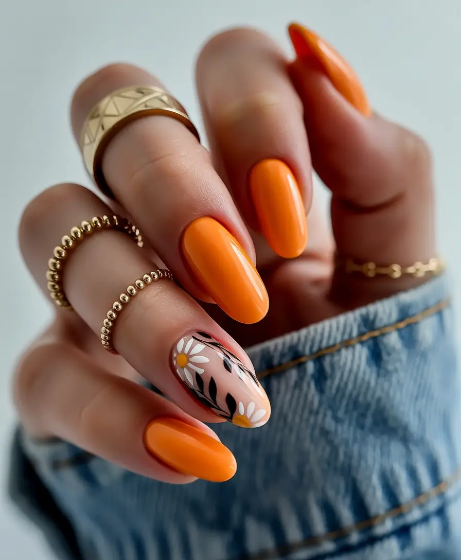 August nails design Mandarin Creamsicle with Daisy Accent