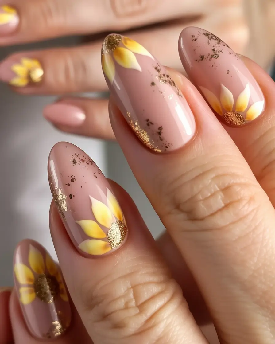 August nails design Delicate Sunflowers with Gold Flakes
