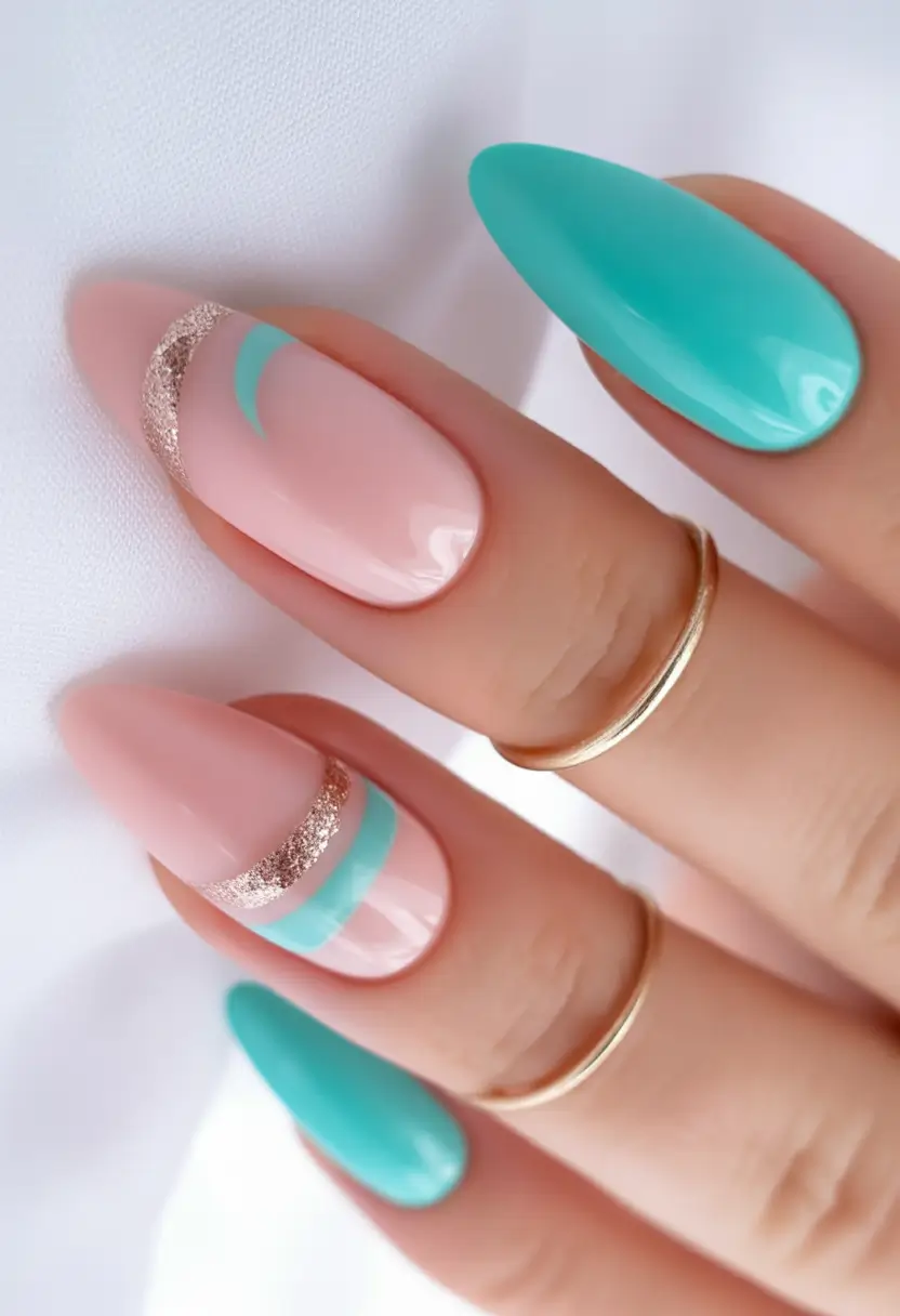 August nails design Tiffany Blue Meets Glitter French Waves