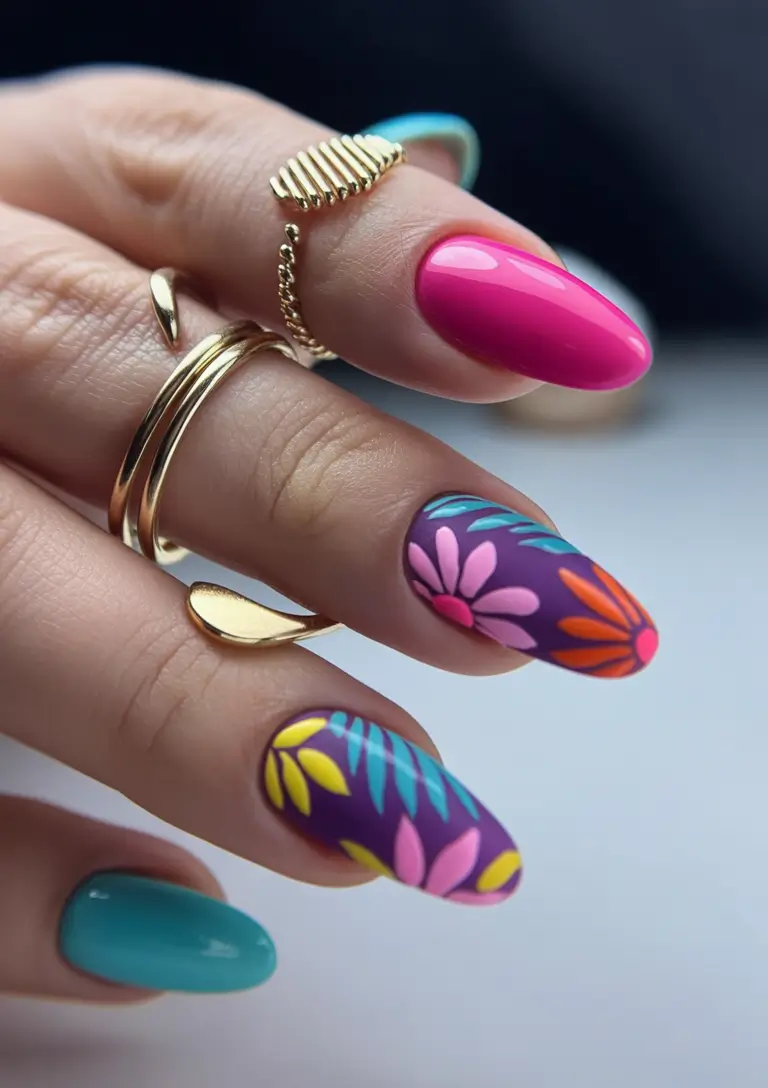 August nails design Retro Flower Power with Modern Color Blocking