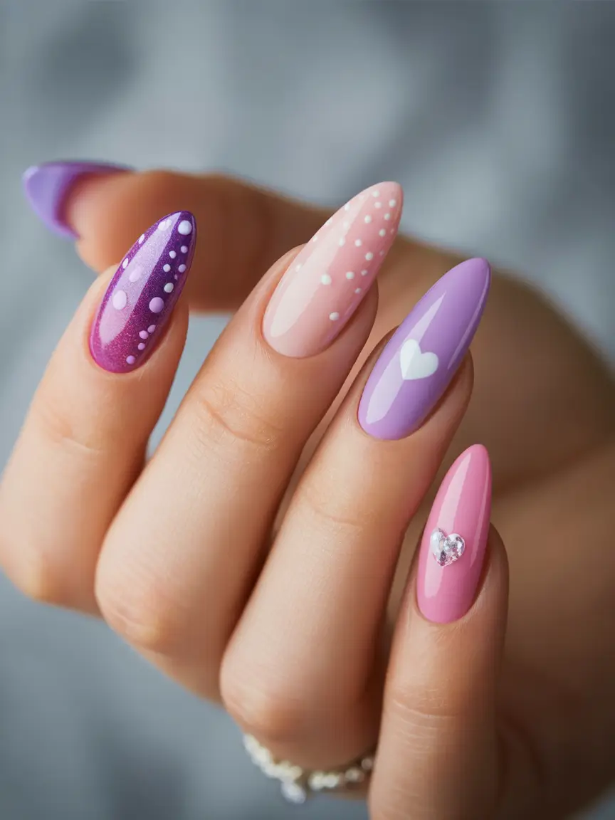 August nails design Whimsical Pastel Love with Glitter and Hearts