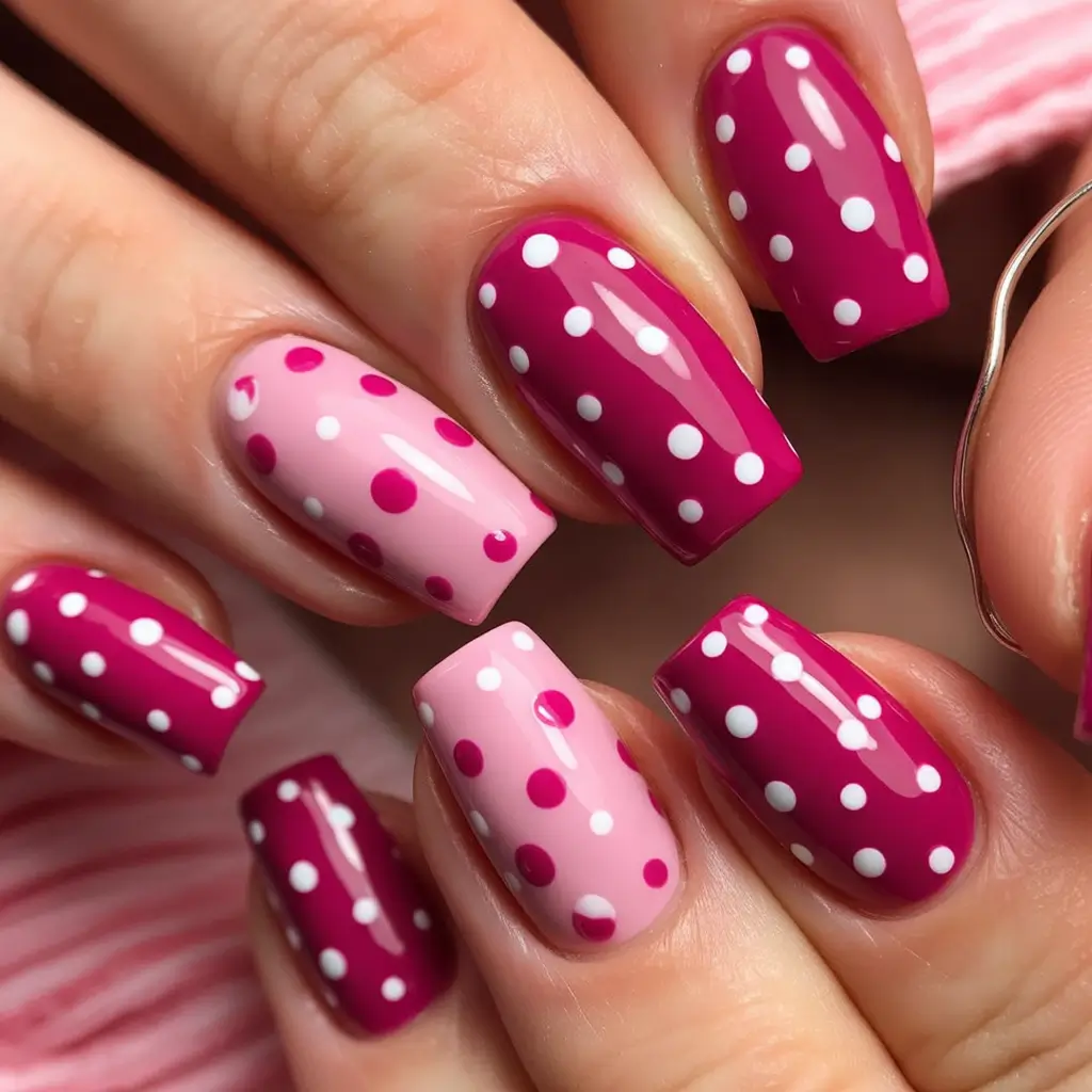 August nails design Pink Polka Pop in Square Precision