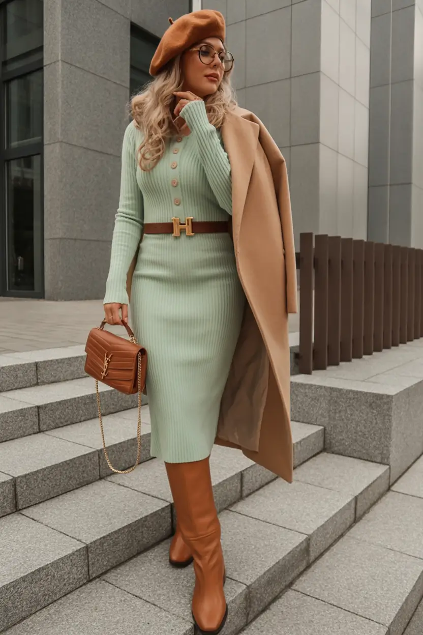 cute fall outfits for women 2025 Mint Knits & Caramel Confidence