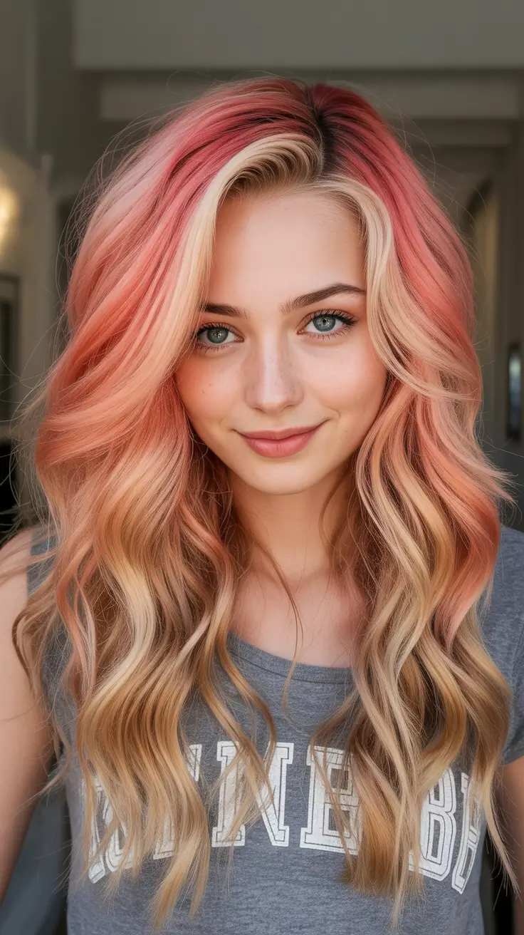 Fall hair color for blondes Sunset Dip Dye with Rosé Highlights