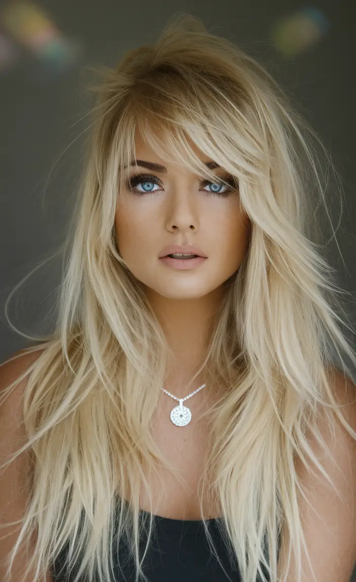 Fall hair color for blondes Feathered Fringe in Beachy Champagne