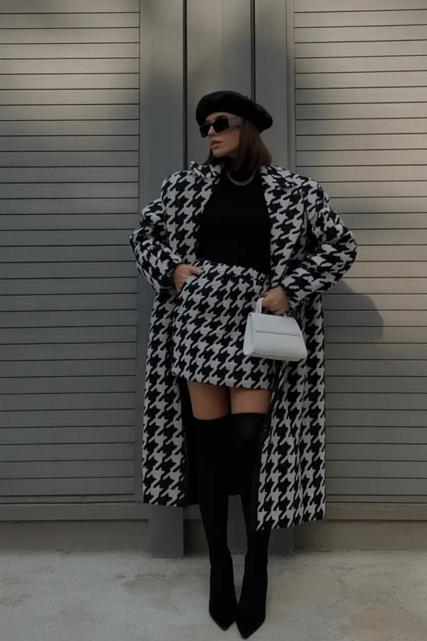 cute fall outfits for women 2025 Oversized Houndstooth and Monochrome Drama