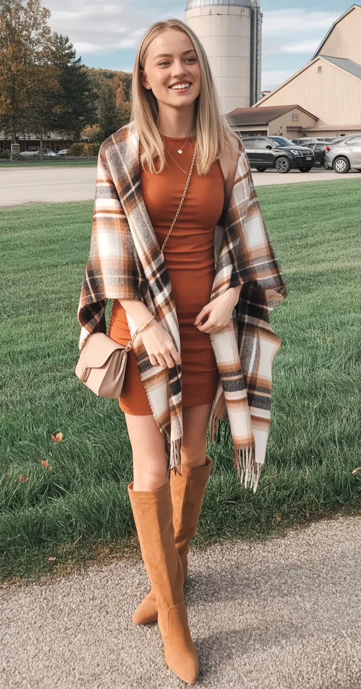 cute fall outfits for women 2025 Rust Dress and Blanket Scarf Moment
