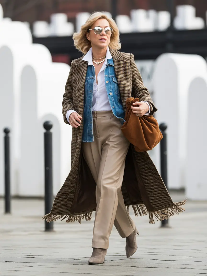 cute fall outfits for women over 60+Layered Neutrals with a Denim Pop