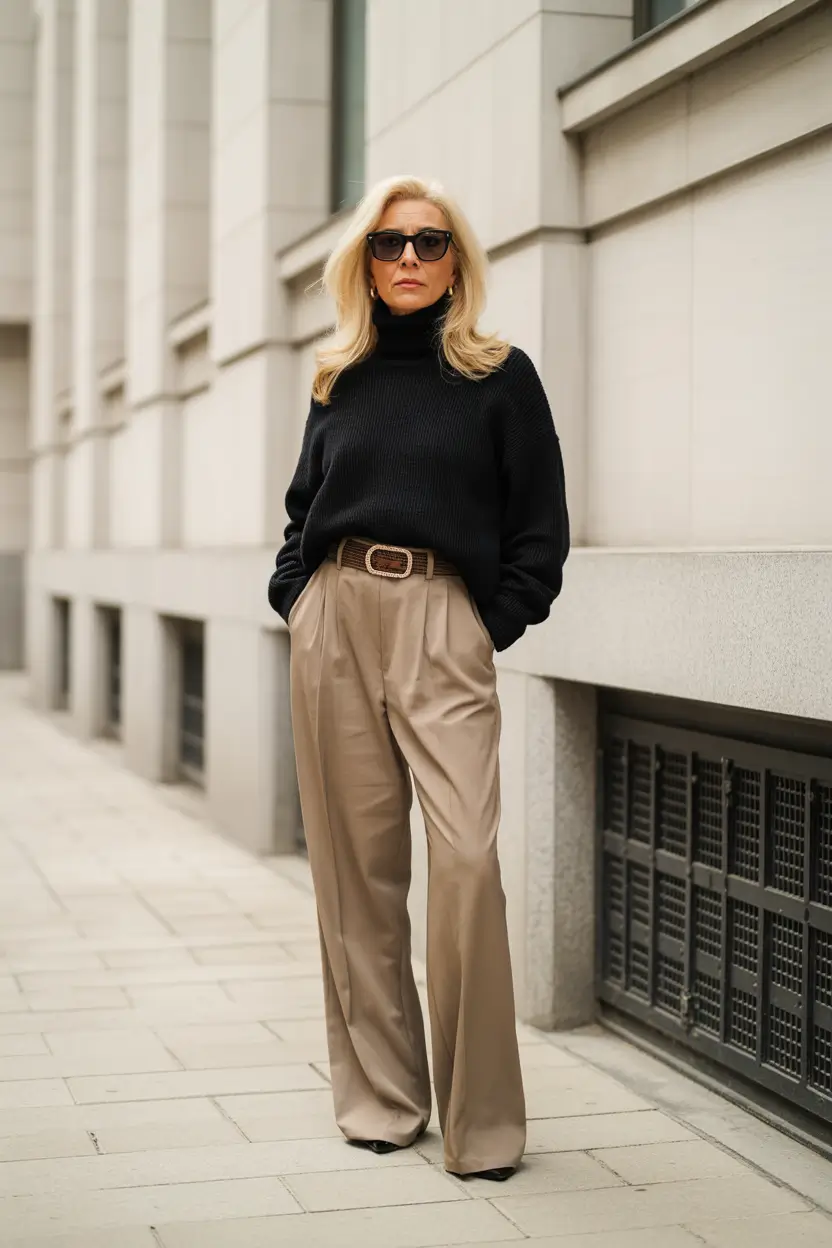 cute fall outfits for women over 60+Effortless Black and Camel Combo