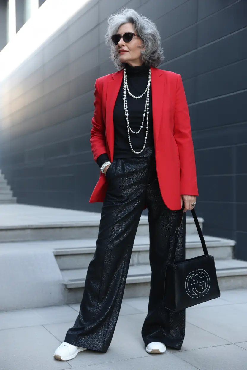 cute fall outfits for women over 60+Red Blazer Power with Pearl Drama
