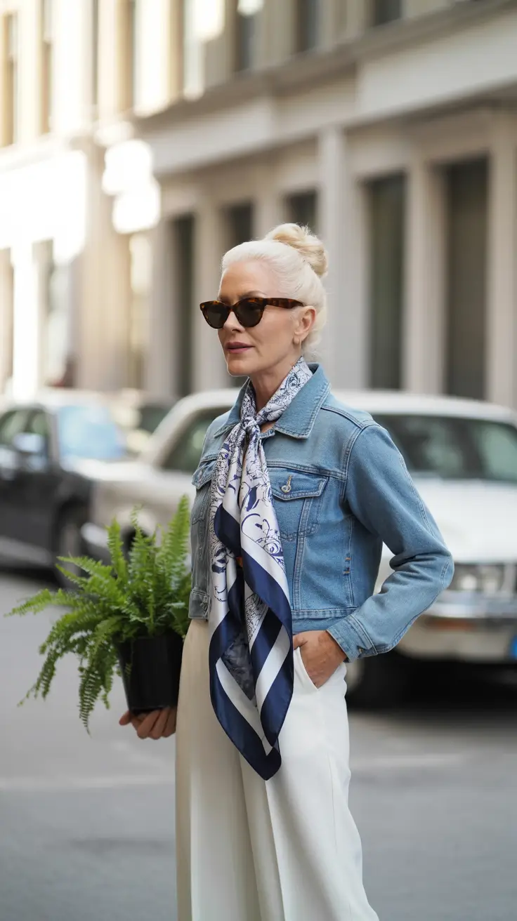 cute fall outfits for women over 60+Parisian Denim Meets Silk Scarf Chic