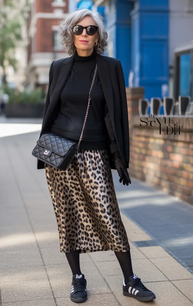 cute fall outfits for women over 60+Leopard Midi Skirt with Sporty Black Layers