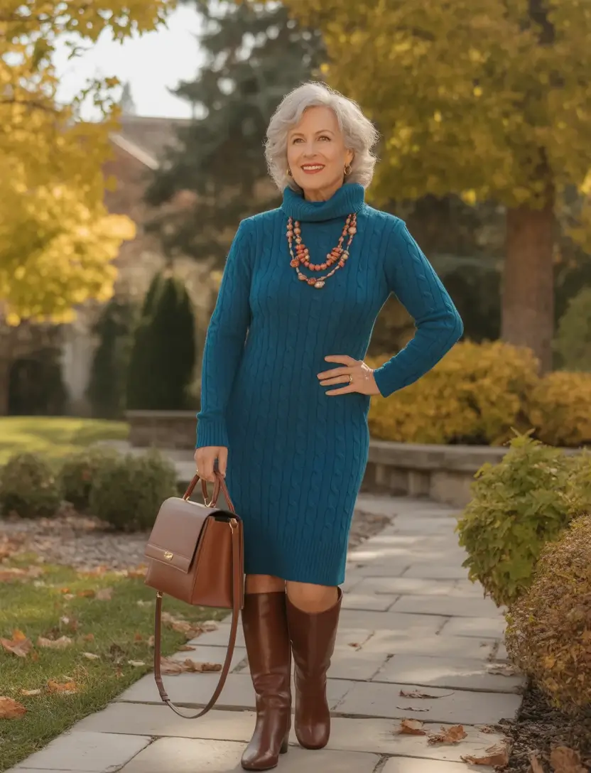 cute fall outfits for women over 60+Teal Confidence with Autumn Contrast