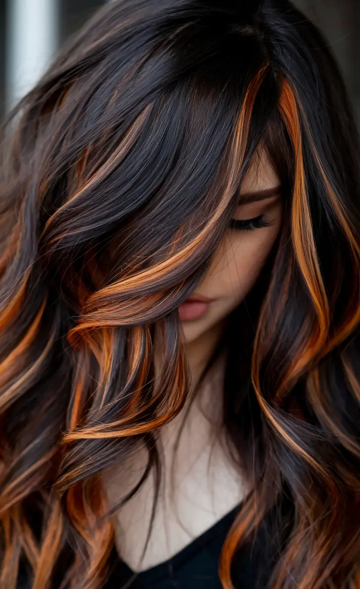 end of summer hair color 2025 Toasted Espresso & Pumpkin Ribbons