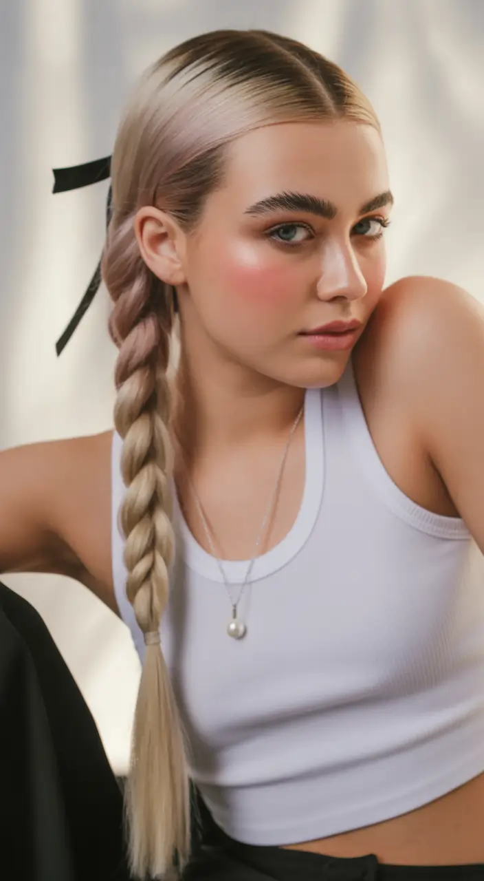 end of summer hairstyles ideas 2025 Sleek Braid with a Pop of Pink