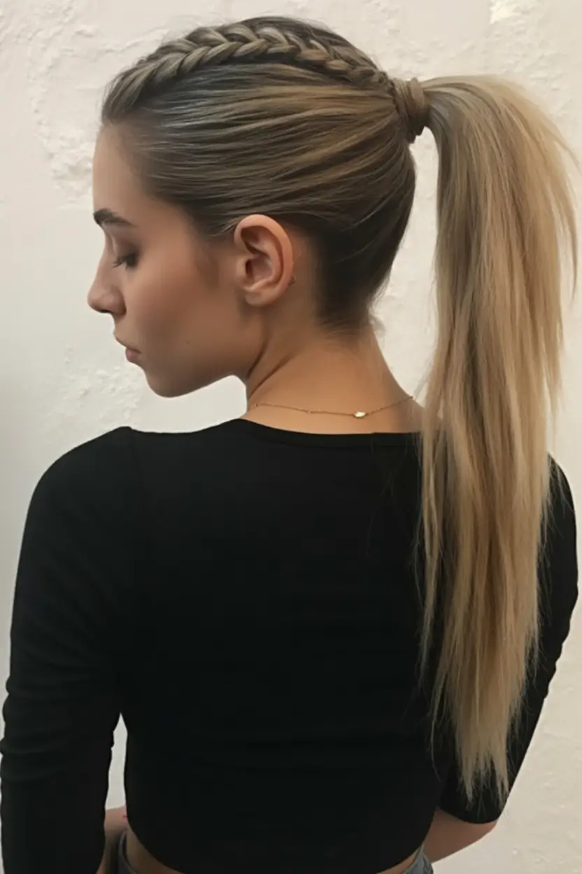 end of summer hairstyles ideas 2025 Workout Chic Braided Pony Hybrid