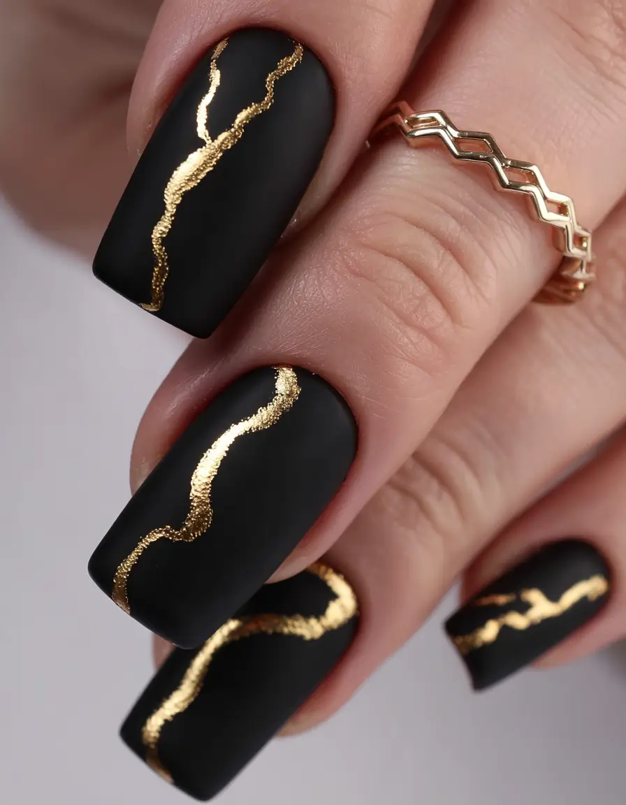 end of summer nails ideas 2025 Matte Black with Luxe Gold for the Ultimate Statement