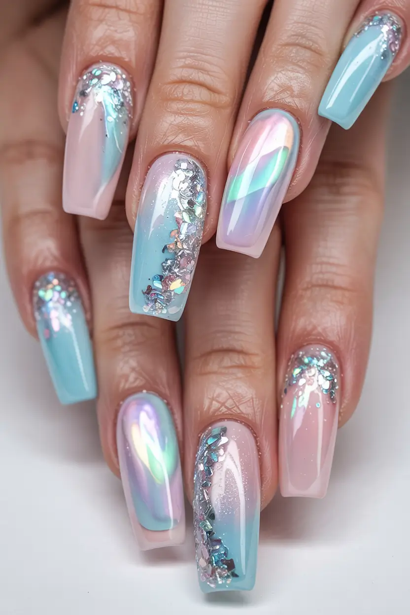 end of summer nails ideas 2025 Iridescent Blue Chrome and Glitter for Poolside Glam