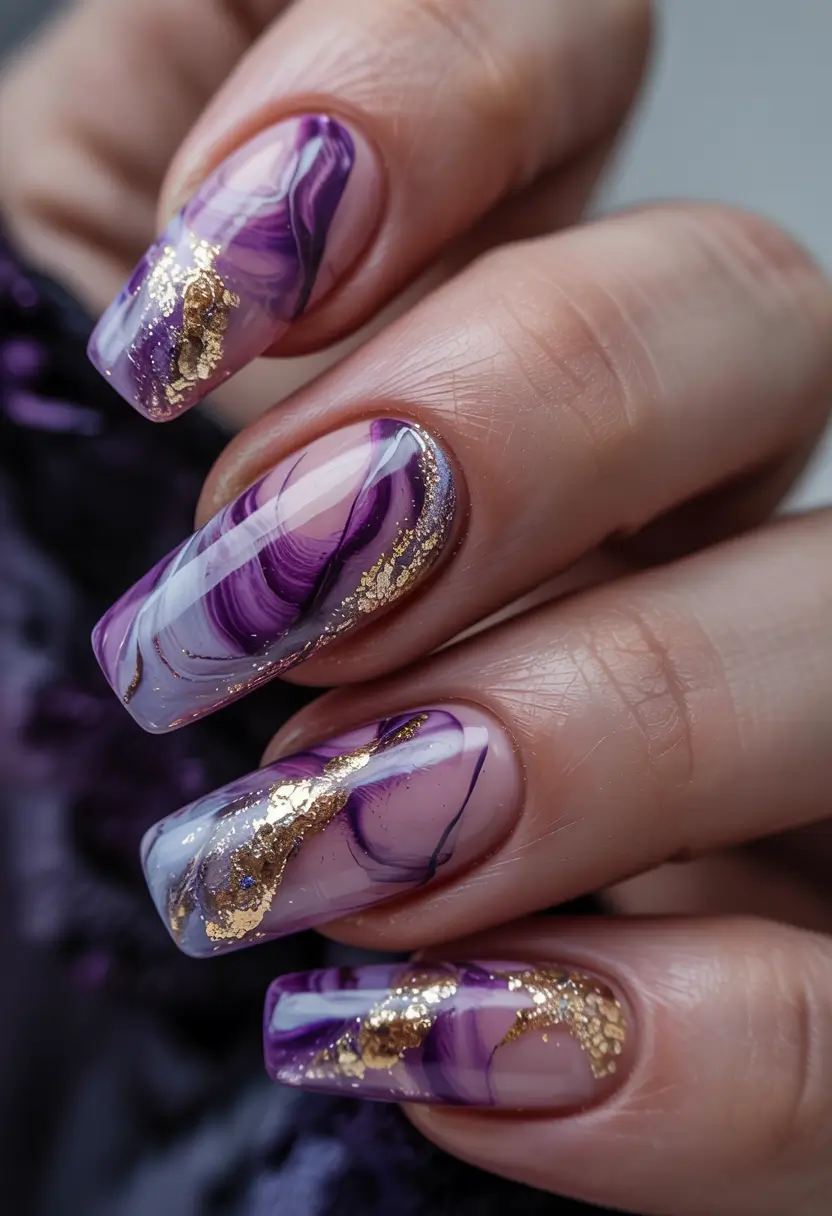 end of summer nails ideas 2025 Purple Marble and Gold Foil: Luxe Meets Whimsy
