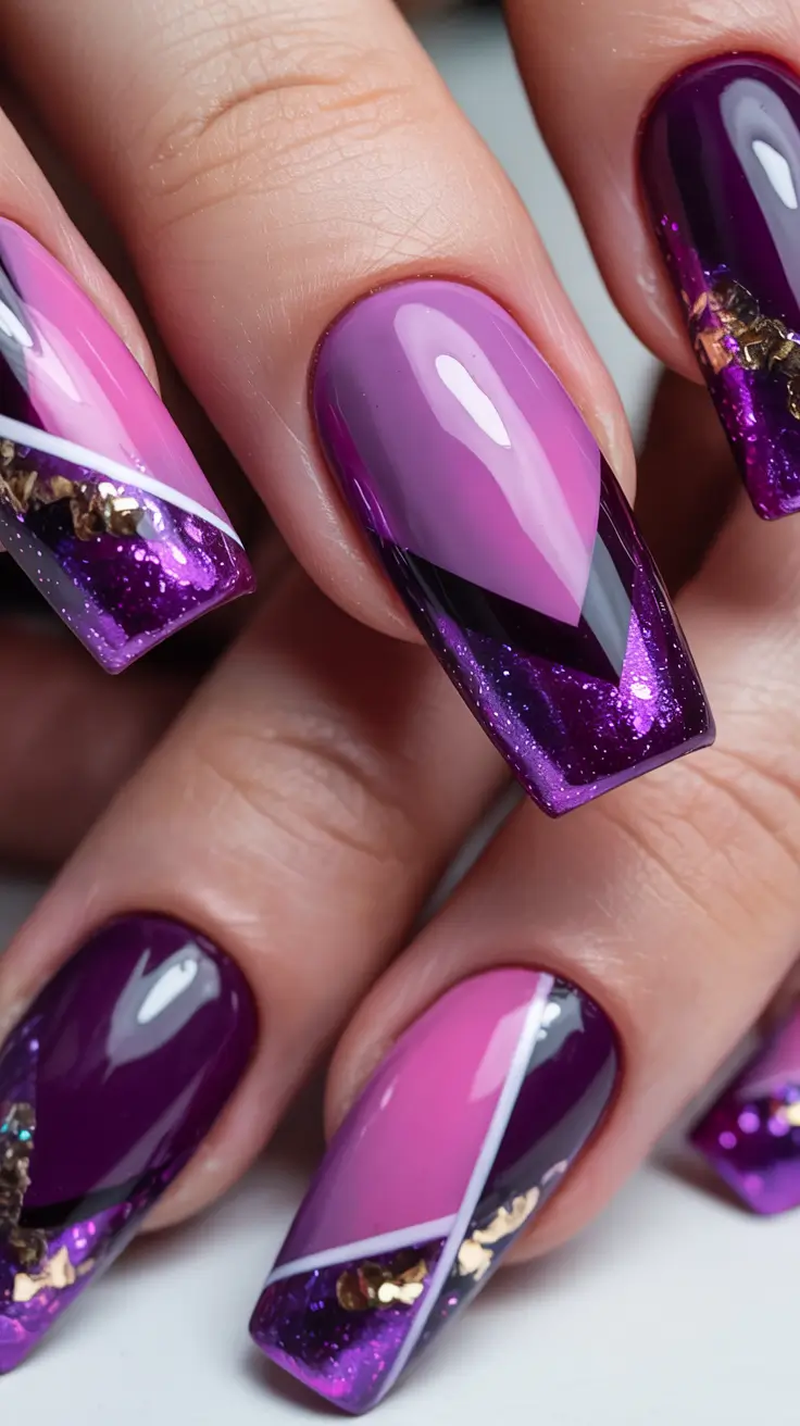 end of summer nails ideas 2025 Vivid Violet & Pink with Glitter for Drama Queens