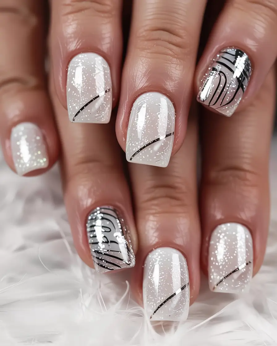 end of summer nails ideas 2025 Sparkling White Glitter with Chic Black Accents
