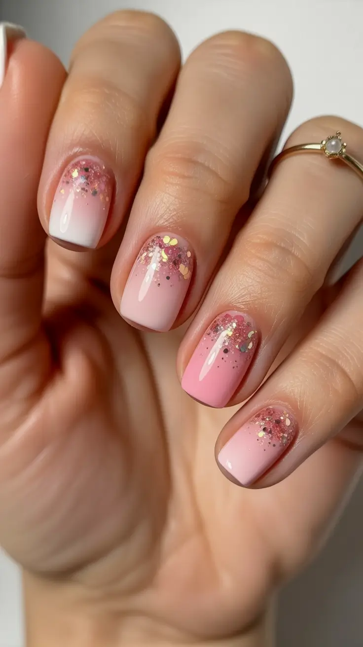 end of summer nails ideas 2025 Rose Gold Glitter Ombre for Everyday Glam