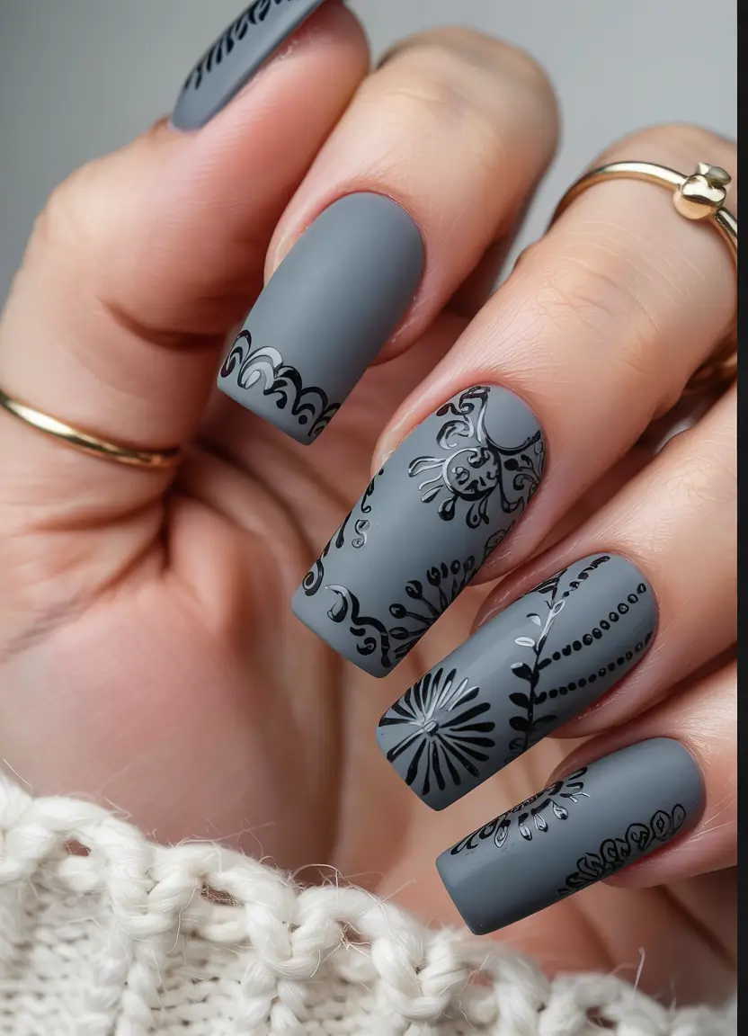 end of summer nails ideas 2025 Moody Matte Grey with Delicate Black Detailing