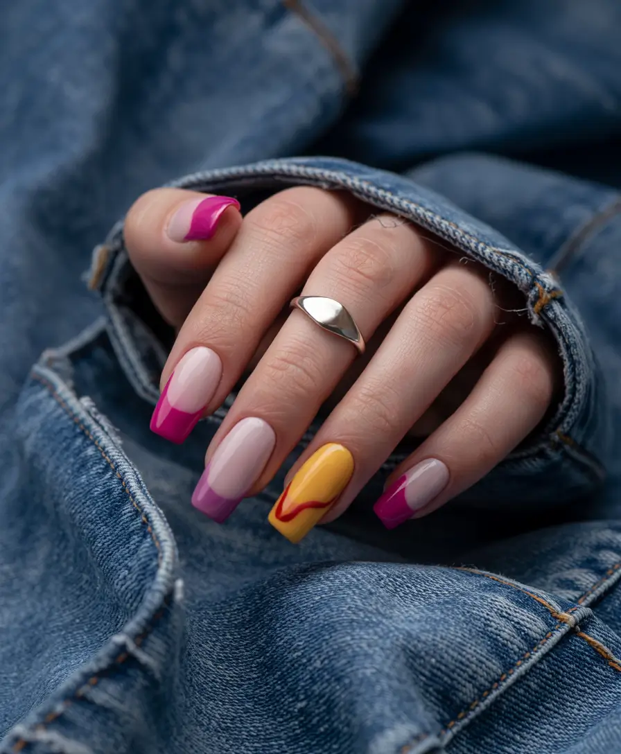 end of summer nails ideas 2025 Modern French with Pink and Lemon-Yellow Pop
