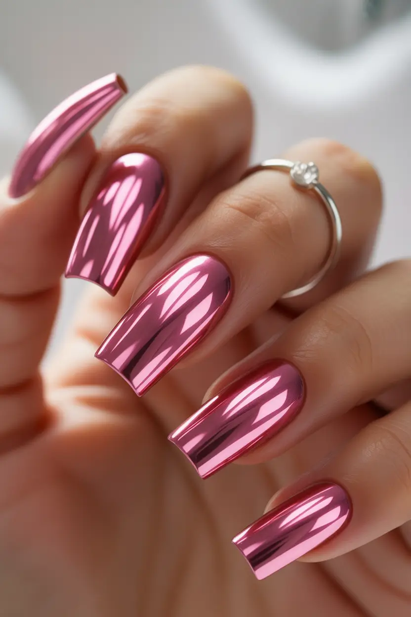 end of summer nails ideas 2025 High-Shine Pink Chrome for Party Nights