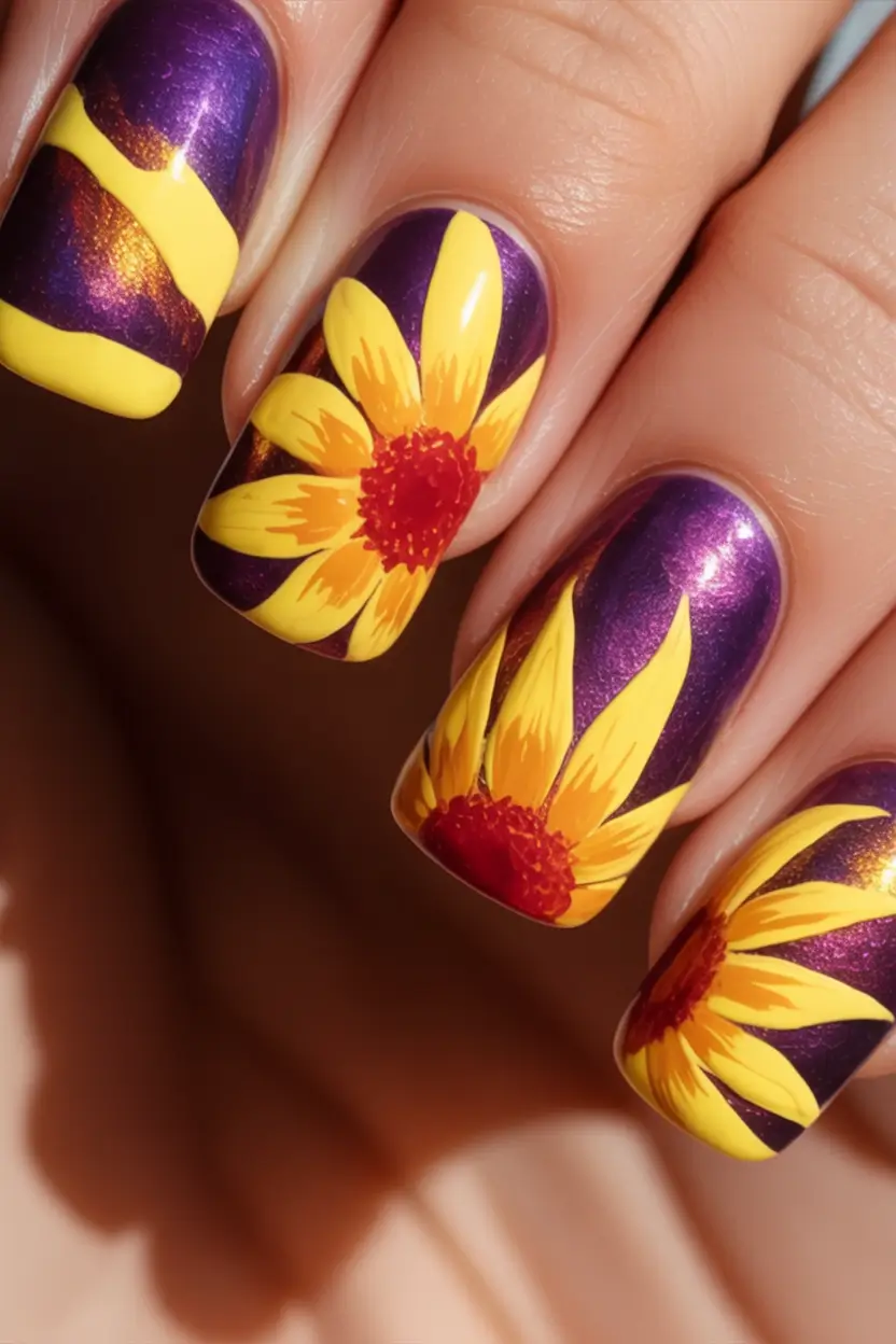end of summer nails ideas 2025 Sunflower Power Meets Purple Drama