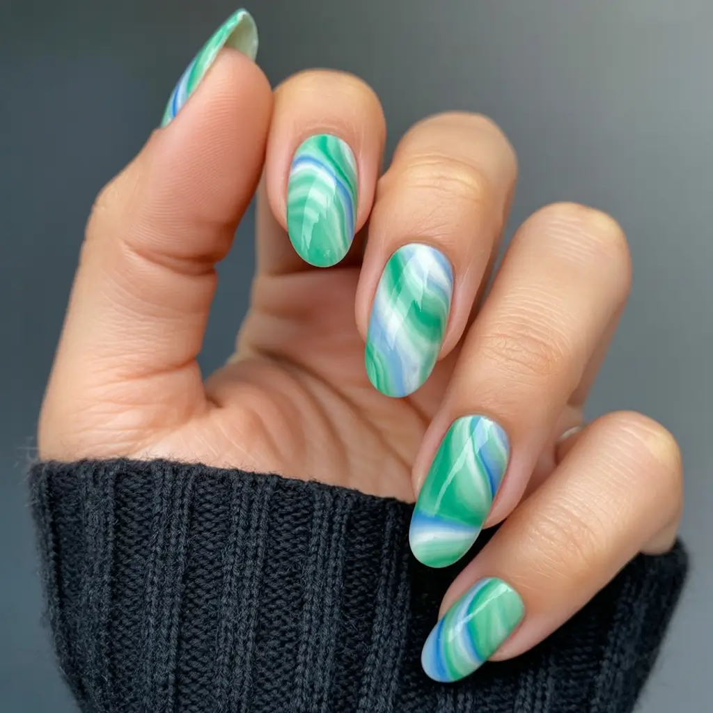 end of summer nails ideas 2025 Fresh Green Marble with a Blue Twist