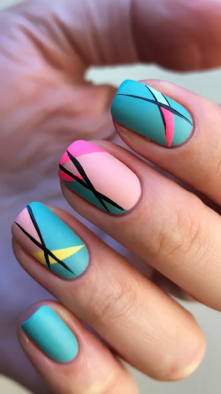 end of summer nails ideas 2025 Color Block Geometry for the Bold and the Playful