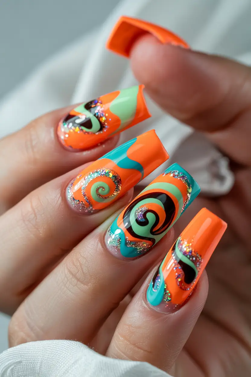 end of summer nails ideas 2025 Electric Swirls and Sparkle for the Longest Nights