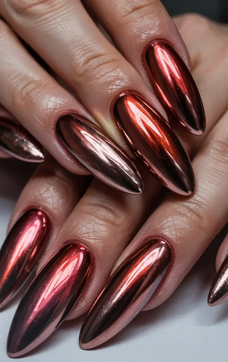 end of summer nails ideas 2025 Molten Copper Chrome for a Luxe Transition